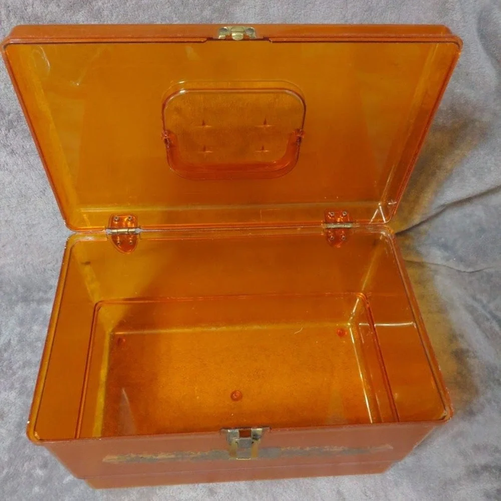 Vtg Wil-Hold Amber Orange Translucent Plastic Sewing Box MCM Case Gold Floral